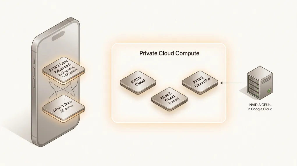 Diagram of Apple's third-generation Foundation Models lineup spanning on-device and cloud models