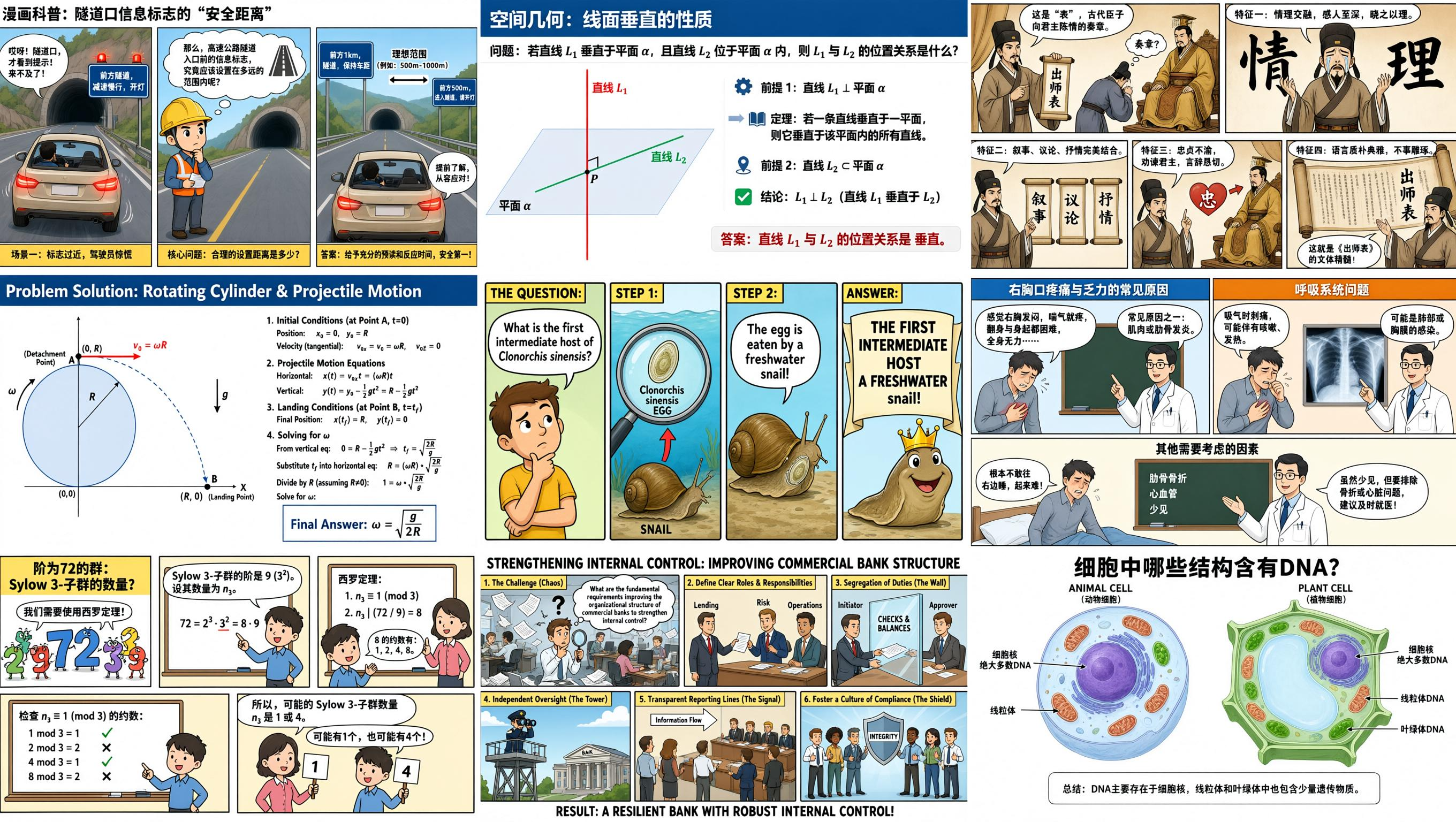 A 3-by-3 grid of nine dense infographics covering geometry, physics, biology, medicine, group theory and finance, all generated in one pass
