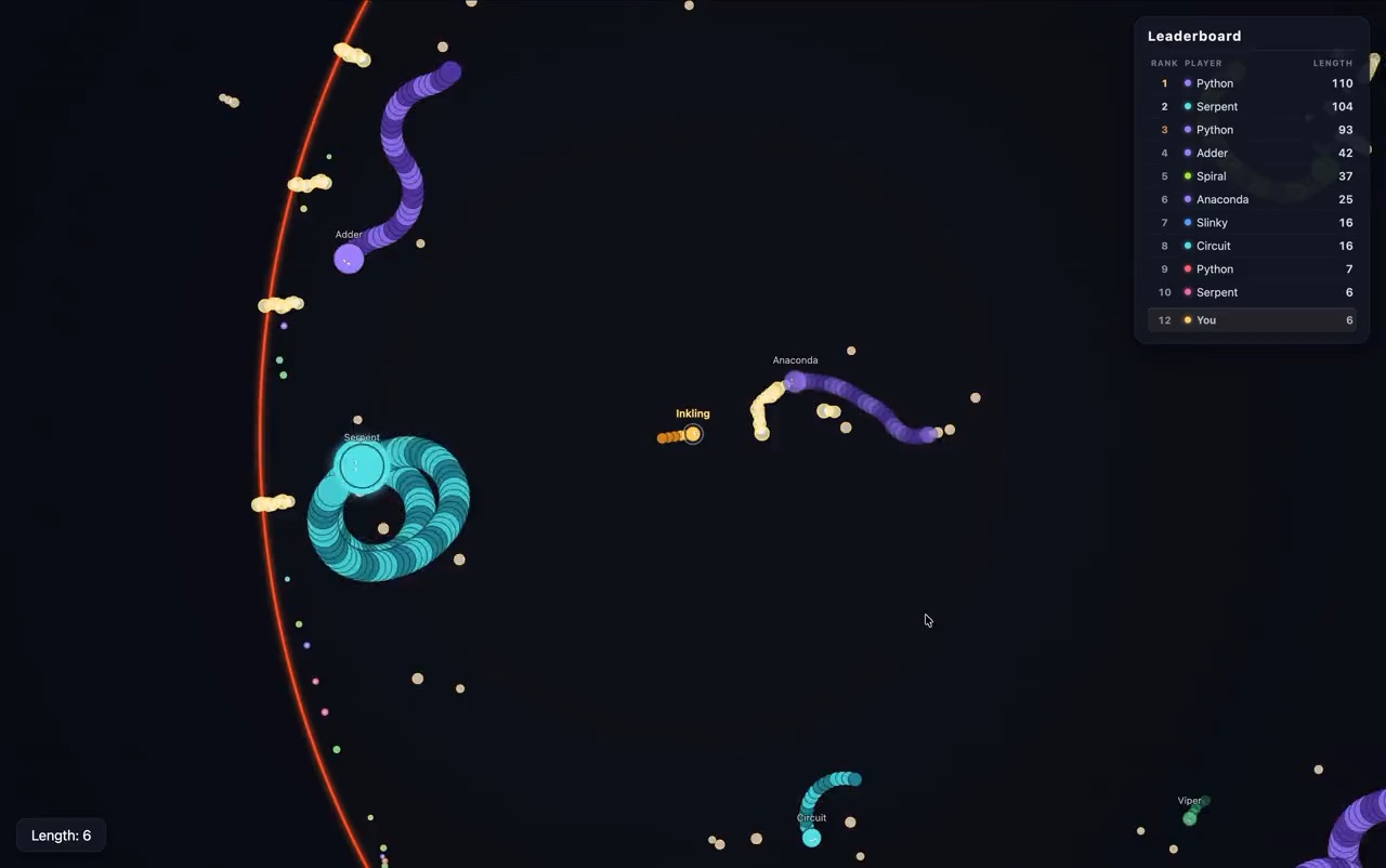 A multiplayer browser game built and played by Inkling, showing an 'Inkling' entry on the in-game leaderboard