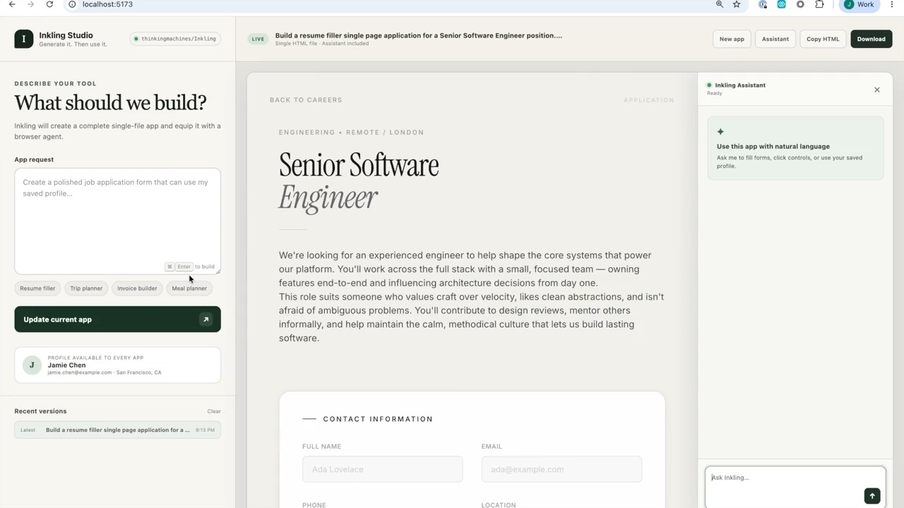 Inkling Studio interface generating a single-page job application web app from a natural-language prompt
