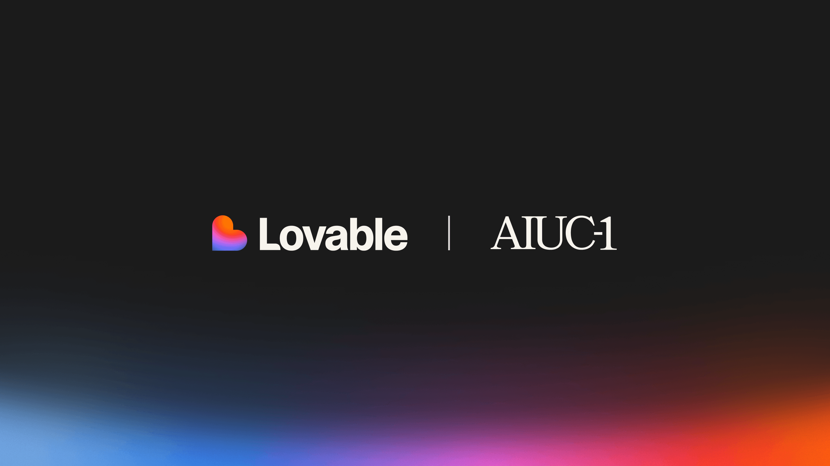 Co-branded graphic showing the Lovable logo and the AIUC-1 wordmark side by side in white on a dark background with a blue-to-orange gradient along the lower edge