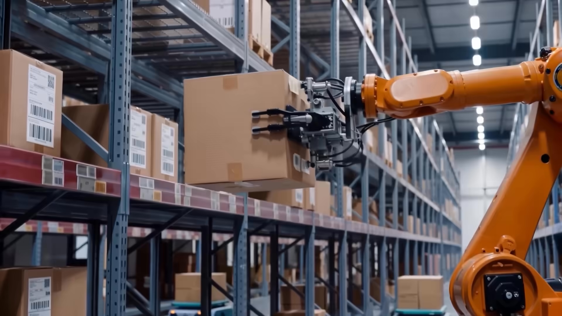 Frame generated by LTX-2.5 showing an orange industrial robot arm lifting a cardboard box from a warehouse shelving rack.