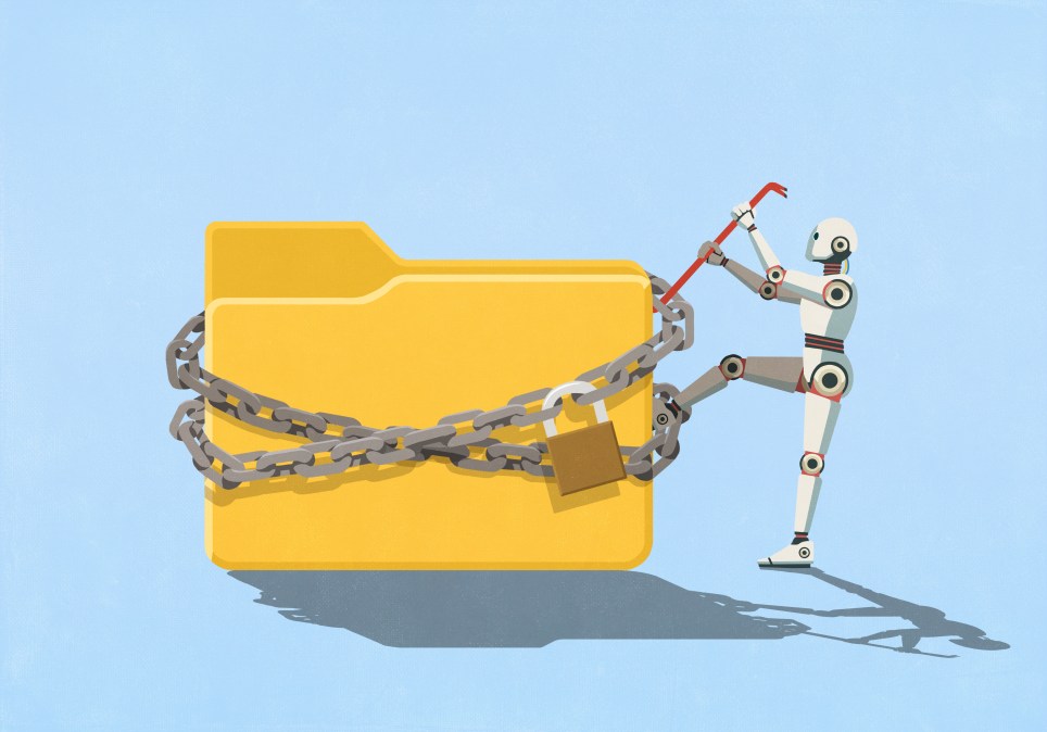 Illustration of a robot using a crowbar to pry open a padlocked and chained file folder