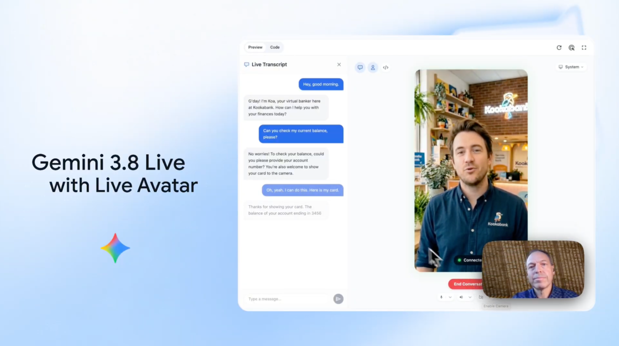Demo interface showing a live transcript beside a video avatar acting as a virtual bank assistant, with the user's camera feed in the corner