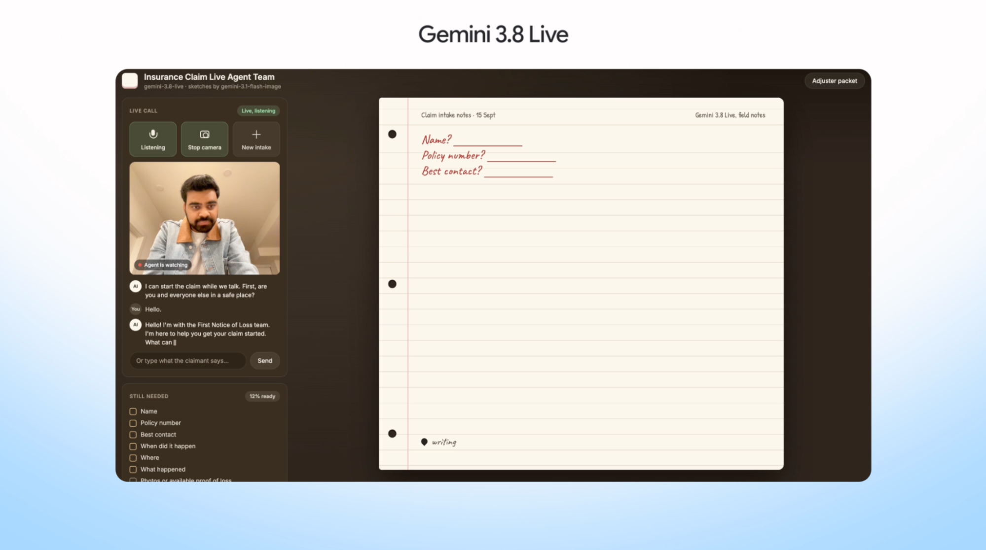 Insurance claims intake demo in which a user shows vehicle damage on camera while a claims form fills in automatically