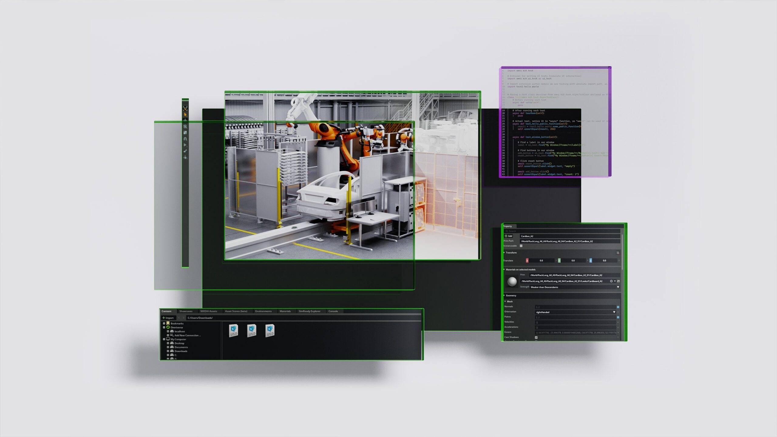 Composite of software windows showing a simulated robotic car-assembly cell, a code editor and a 3D scene property panel
