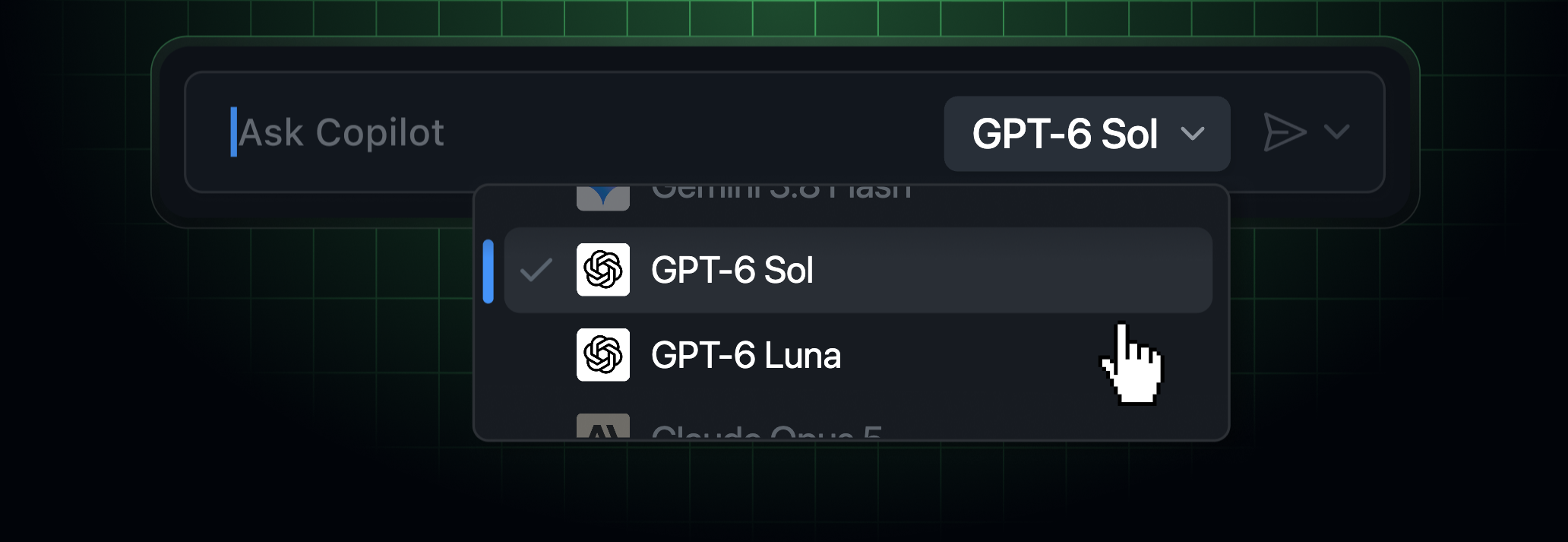 GitHub Copilot model picker with GPT-6 Sol selected and GPT-6 Luna listed below it
