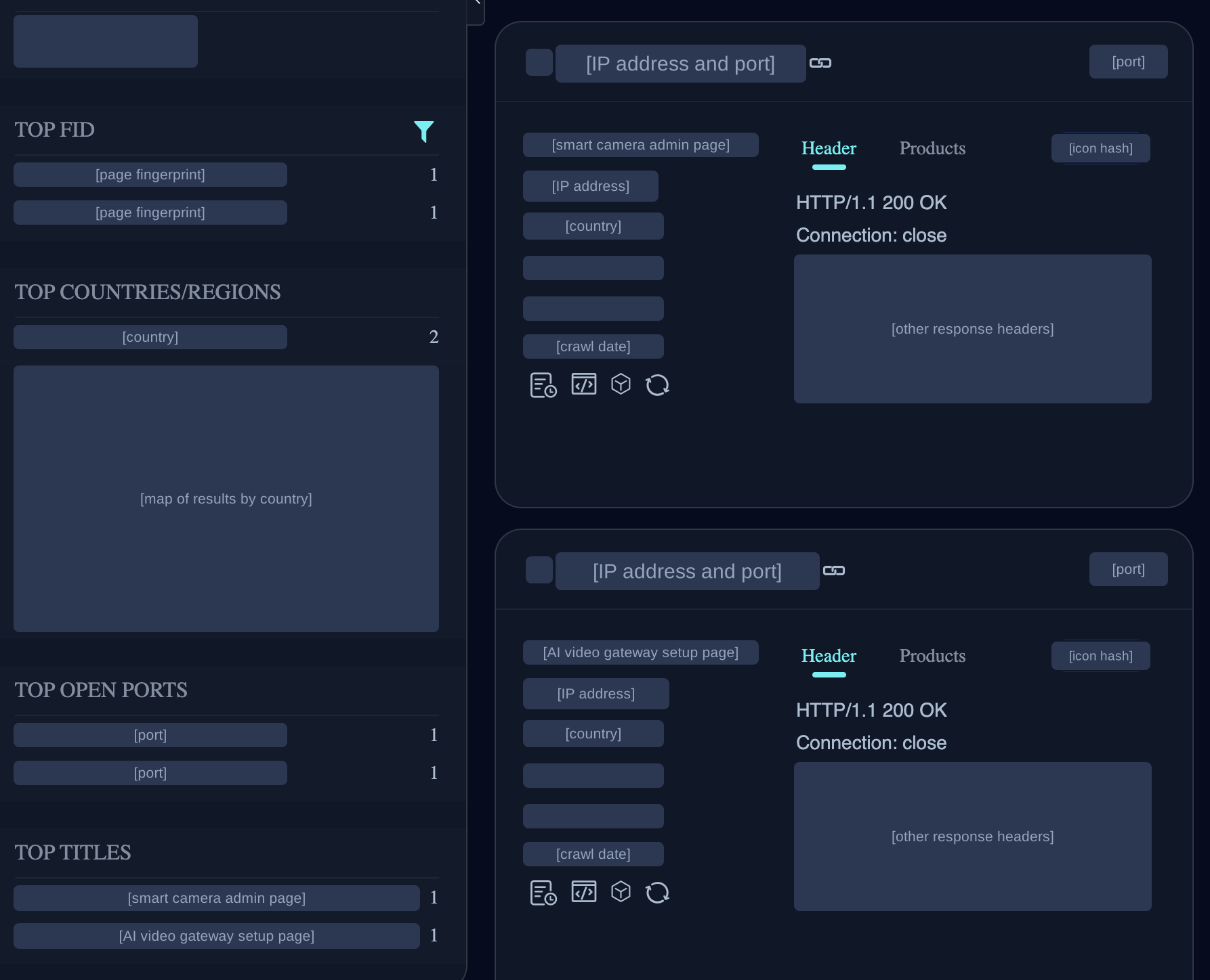 Screenshot of a device search engine's results page, with identifying details covered by redaction labels such as 'smart camera admin page'
