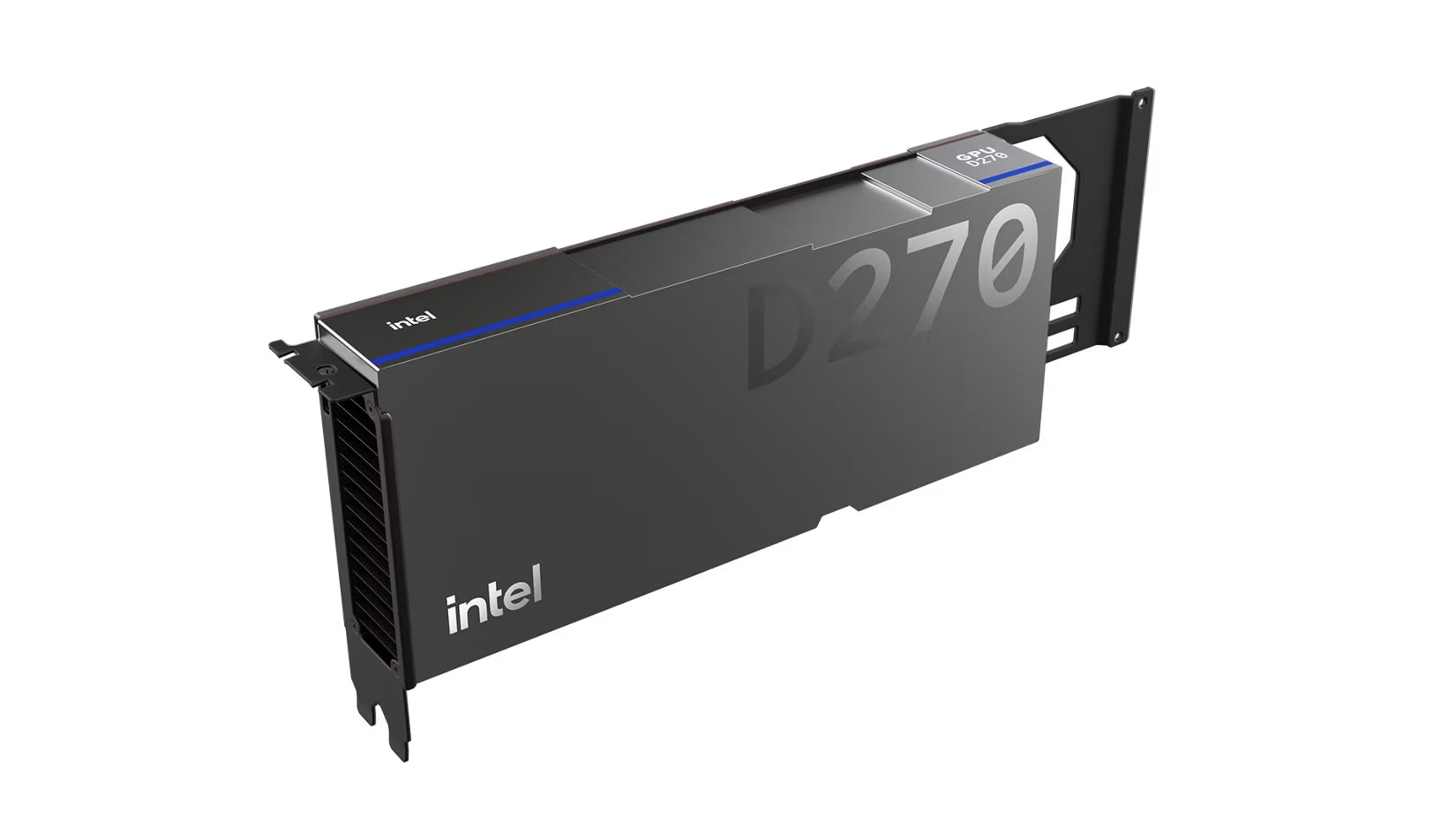 Product render of the Intel GPU D270, an air-cooled dual-slot PCIe accelerator with the model name D270 printed on the shroud