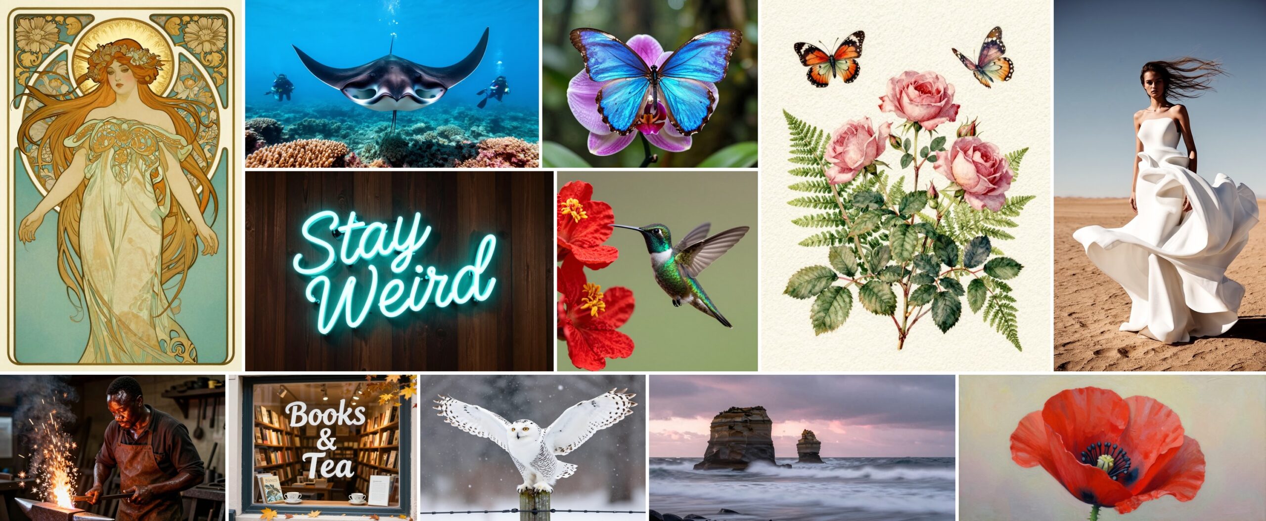 A grid of Iris-3B generations in varied styles and aspect ratios, including an art nouveau poster, a manta ray underwater, a neon sign reading Stay Weird, botanical illustration, and a fashion photograph