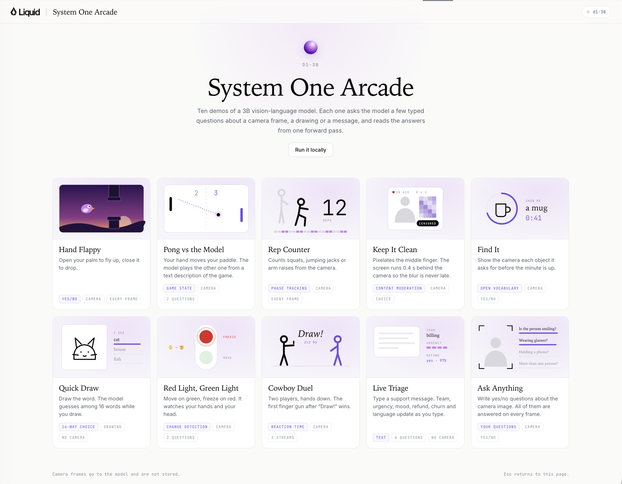 Screenshot of the System One Arcade demo gallery, a grid of ten camera and drawing demos such as Hand Flappy, Pong, Rep Counter, Quick Draw and Live Triage, each tagged with the decision primitive it uses.